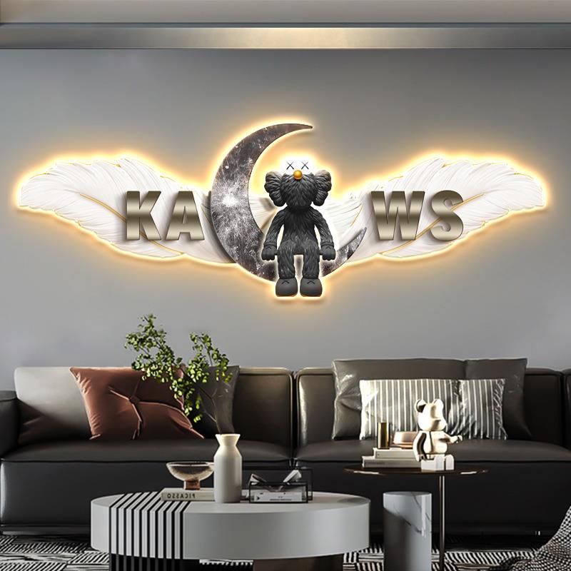 潮玩kaws客厅装饰画轻奢暴力熊沙发背景墙挂画羽毛卧室床头壁灯画