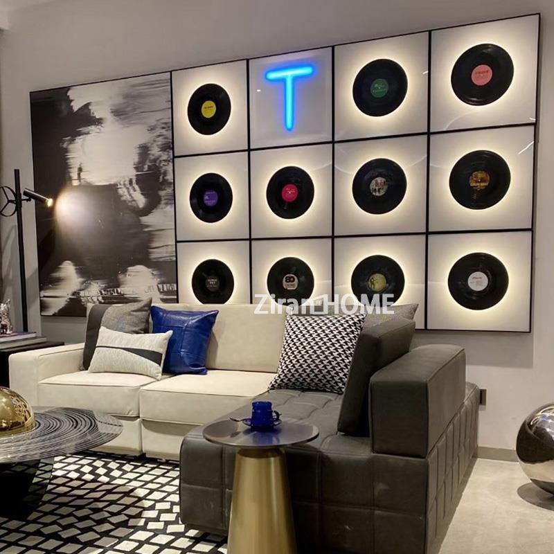 音乐工作室酒吧KTV装饰画黑胶唱片实物画客厅书房LED带灯挂画客厅
