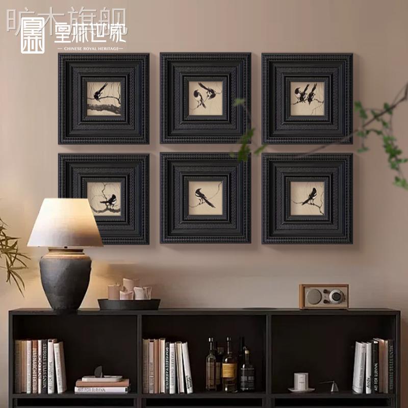 墨笔喜鹊高级感法式中国风客厅装饰画中古风餐厅挂画新中式复古画