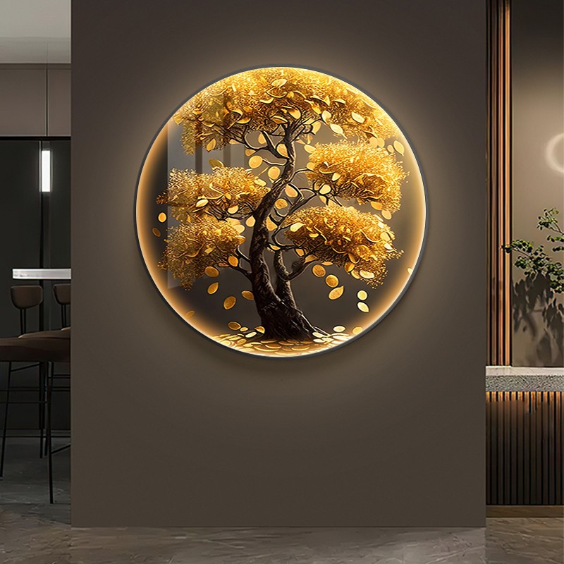 发财树圆形玄关装饰画高级感客厅餐厅挂画led灯画新大气入户壁画图片