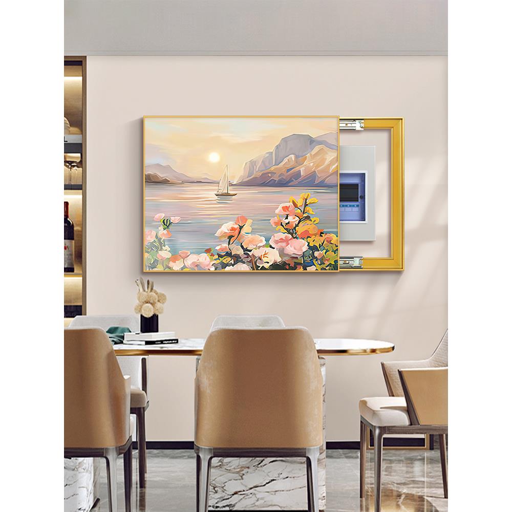 餐厅免打孔电表箱装饰画可推拉配电箱电闸总开关挂画多媒体遮丑画