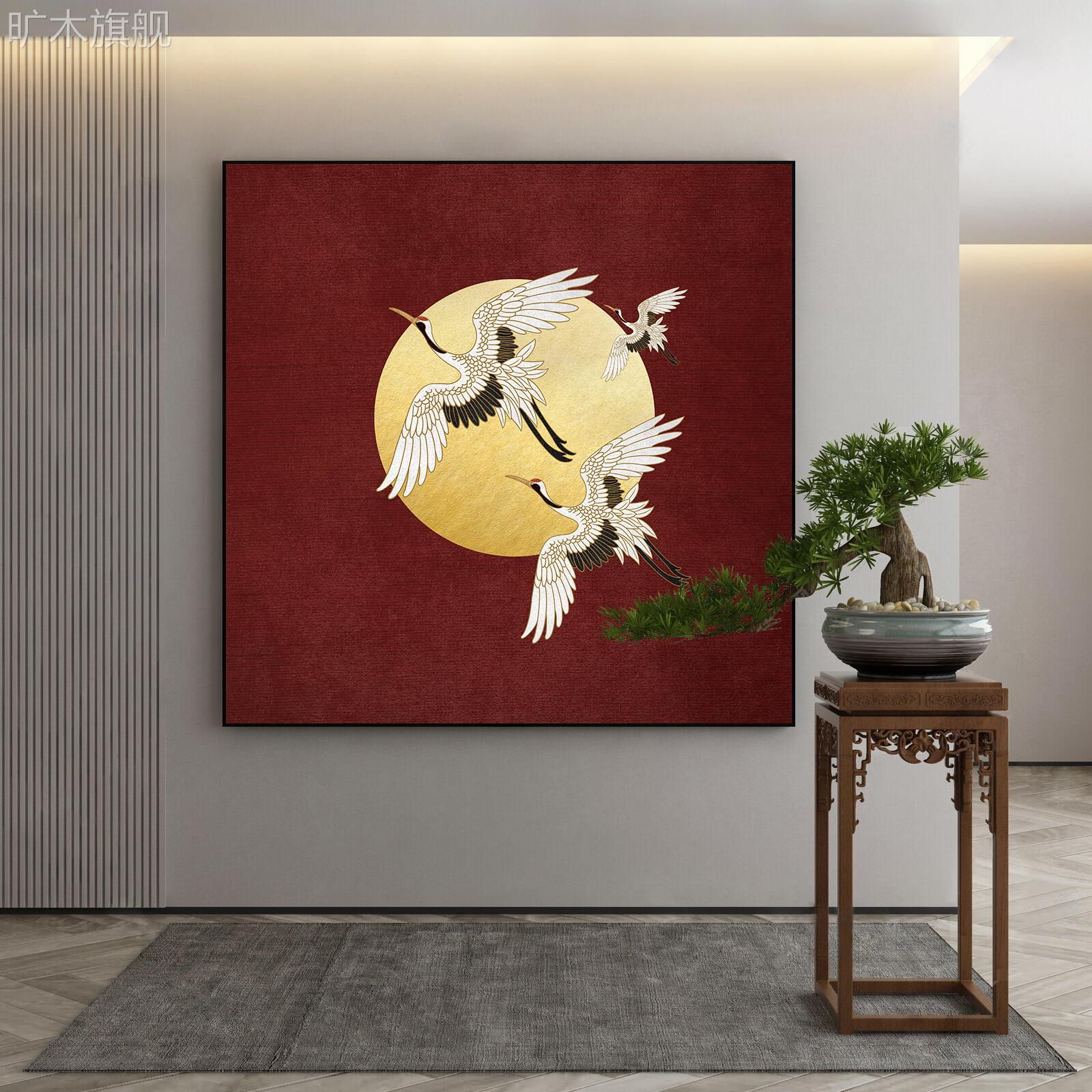 现代新中式客厅玄关装饰画中国红仙鹤和鸣新房婚庆走廊过道挂画