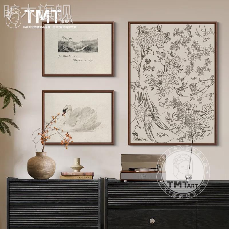 法式小众黑白素描玄关斗柜挂画中古高级感花卉客厅书房装饰画组合图片
