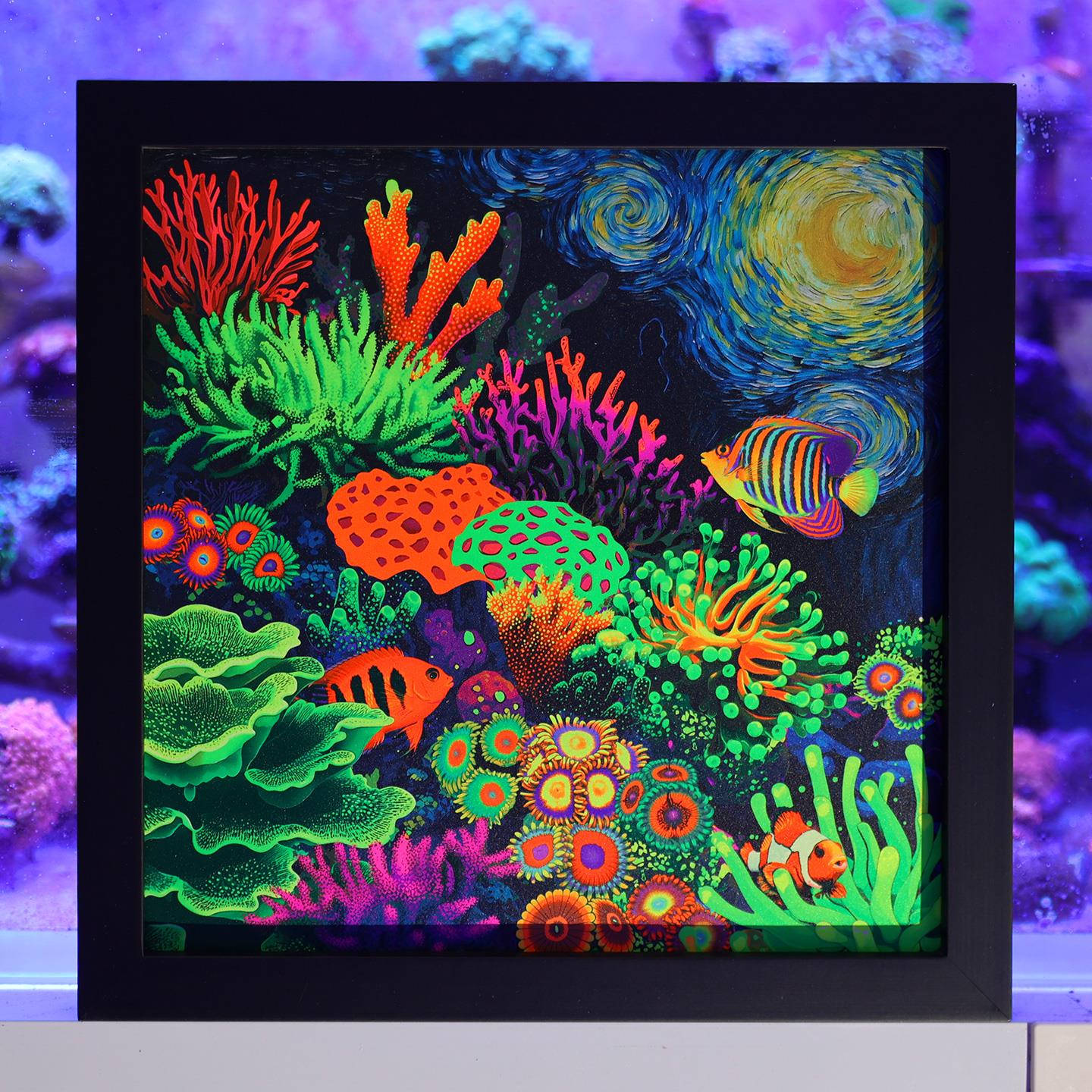 海缸装饰画海水鱼珊瑚礁断肢纽扣火柴荧光画组合海缸画小丑鱼带框