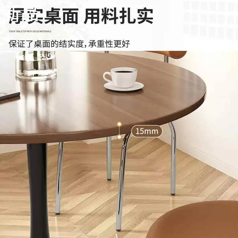 小圆桌茶几阳台桌椅圆形洽谈桌美式胡桃色咖啡厅圆桌餐桌出租房用