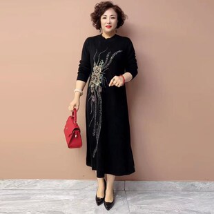 连衣裙 中年妈妈高端羊毛绣花针织打底裙2024秋冬气质宽松显瘦大码