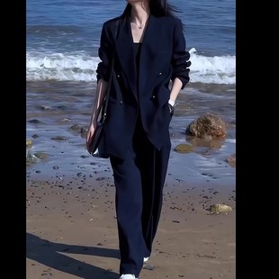 女装 两件套春秋季 大码 高级感西装 胖mm显瘦休闲西服外套阔腿裤 套装
