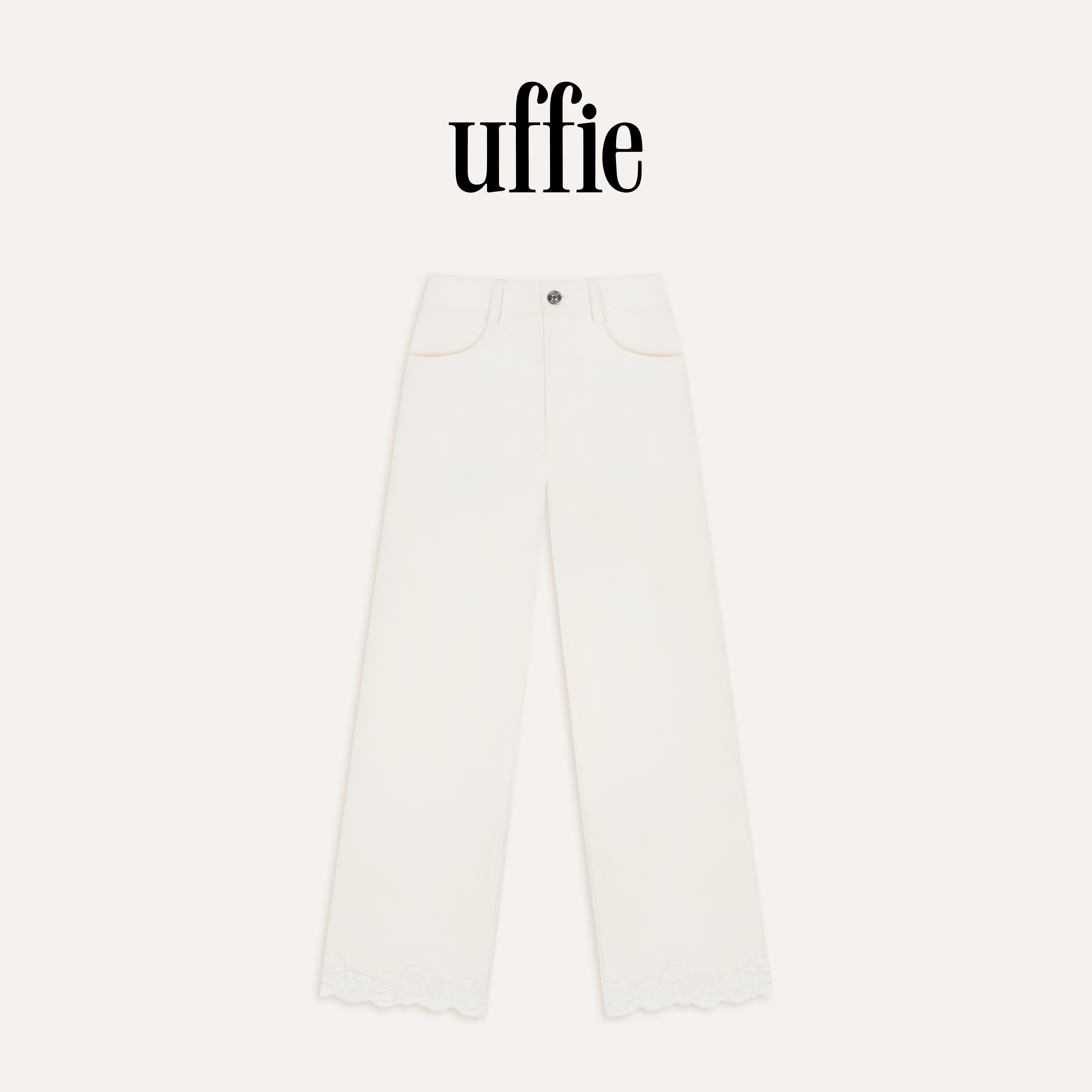 uffie于绘 奶霜白 九分绣牛仔裤