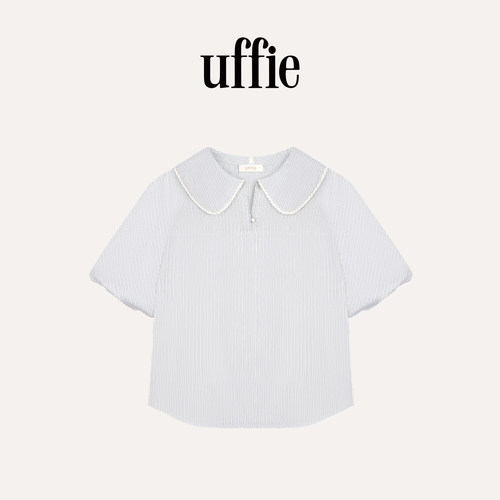 UFFIE于绘 汽水蓝 细条纹翻领娃娃衫