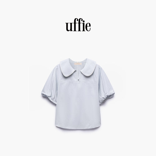 uffie于绘 汽水蓝 细条纹翻领娃娃衫