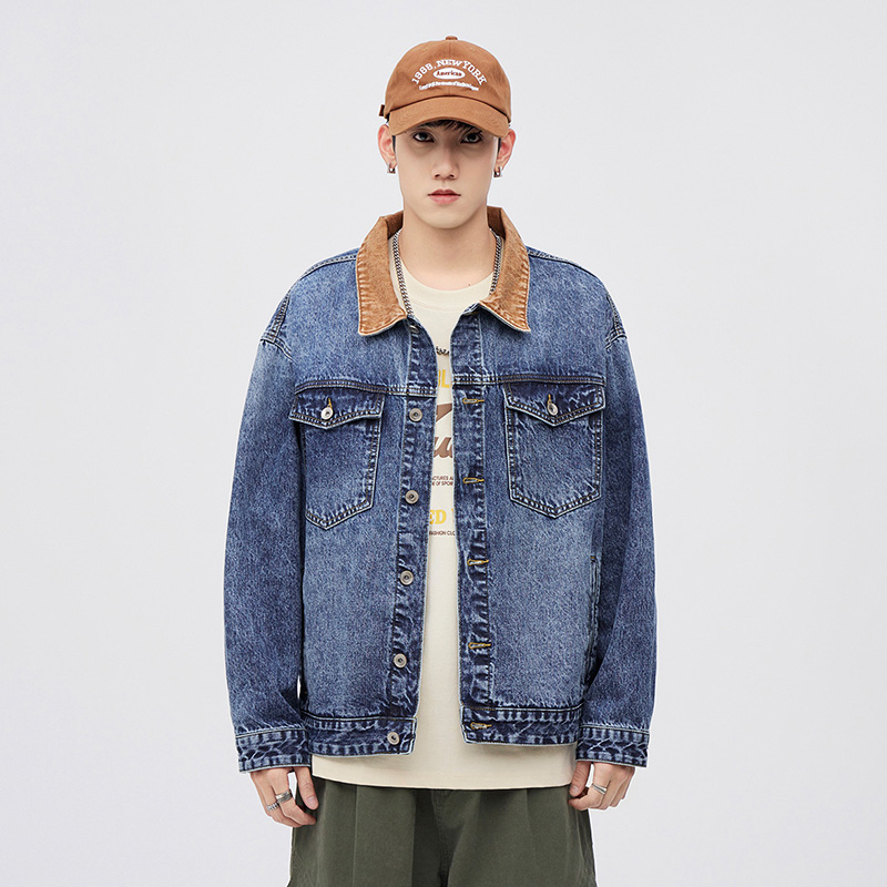 美式做旧水洗撞色拼接翻领牛仔外套新款潮牌高级感男款夹克