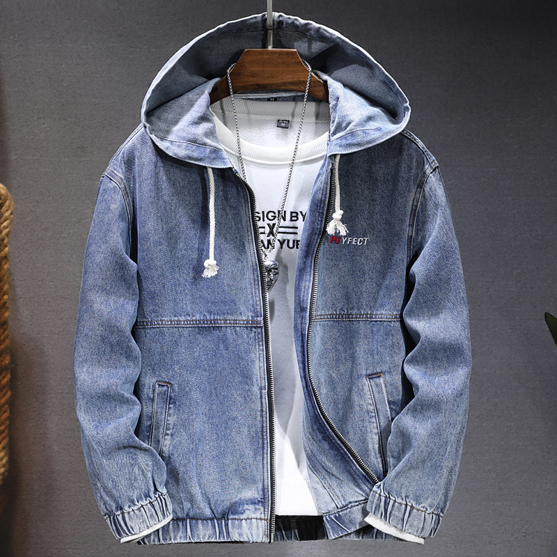2025秋季新款美式复古牛仔外套男宽松潮流刺绣连帽拉链款休闲夹克