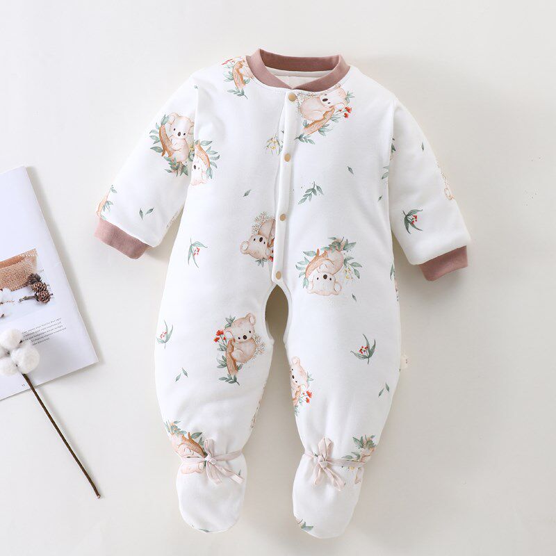 新生儿包脚棉衣婴儿春秋中厚衣服满月宝宝外出穿连脚长袖开档带鞋