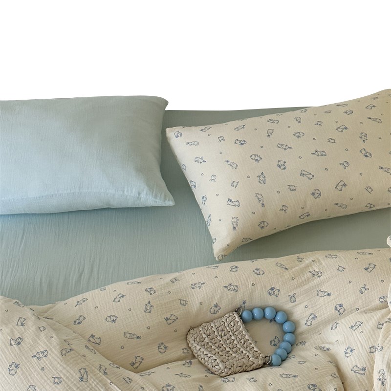 少女心可爱小蓝兔皱皱双层纱床上四件套1.5m1.8全棉纯棉床单被套