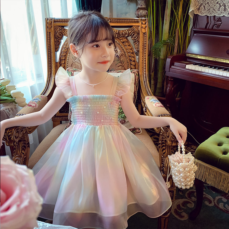 女童连衣裙夏装2023新款洋气儿童网红雪纺公主裙小女孩彩虹吊带裙