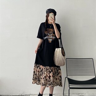 纸片人短袖t恤长裙女2024夏季新款大码宽松拼接碎花雪纺连衣裙子