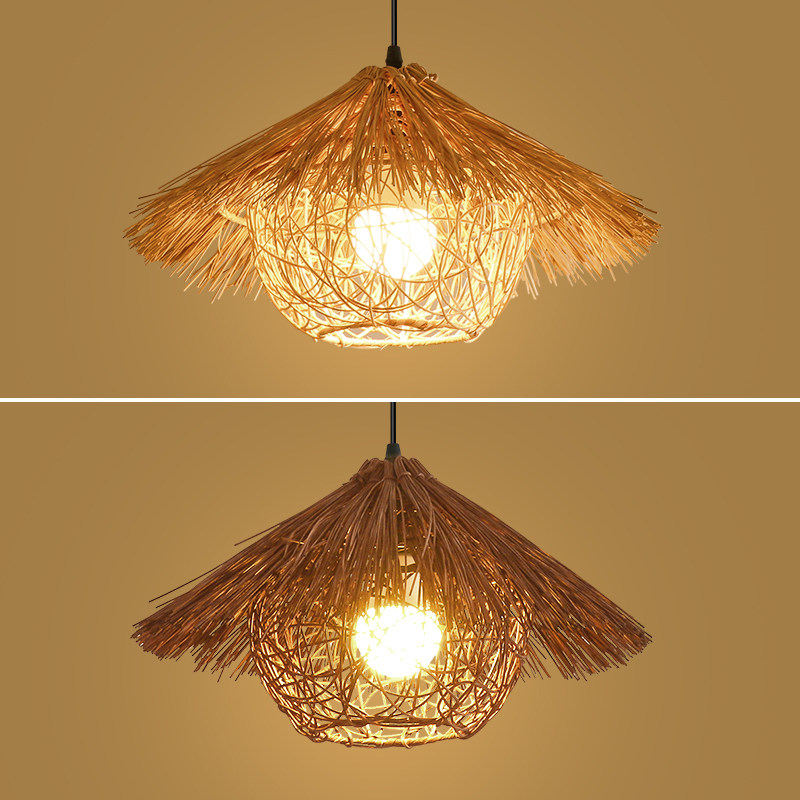 创意个性草帽灯复古藤编吊灯怀旧艺术灯罩中国风仿古民宿竹编灯具