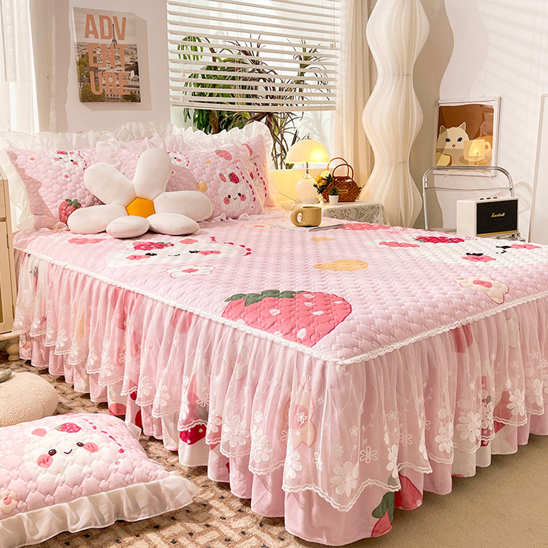 秋冬可爱卡通水晶绒床裙单件夹棉床单牛奶珊瑚绒床围裙三件套床罩