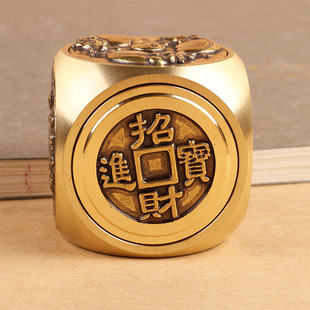 纯黄铜转钱把玩件双面六面转解压赚钱摆件招财进宝时来运转文玩男