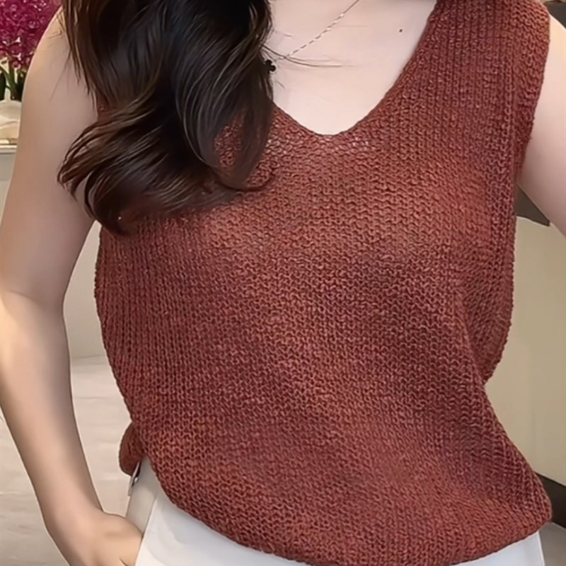 中年宽松复古外穿镂空针织衫女2024夏季新款薄款无袖v领背心上衣