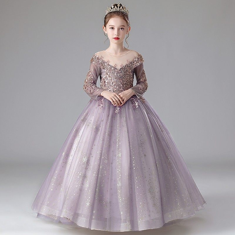 儿童礼服秋冬高端长袖女童小女孩主持人晚礼服生日钢琴走秀演出服