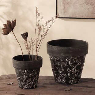 新中式复旧暗色花盆侘寂风陶土透气黑色浮雕家居简约叶藤绿植花卉