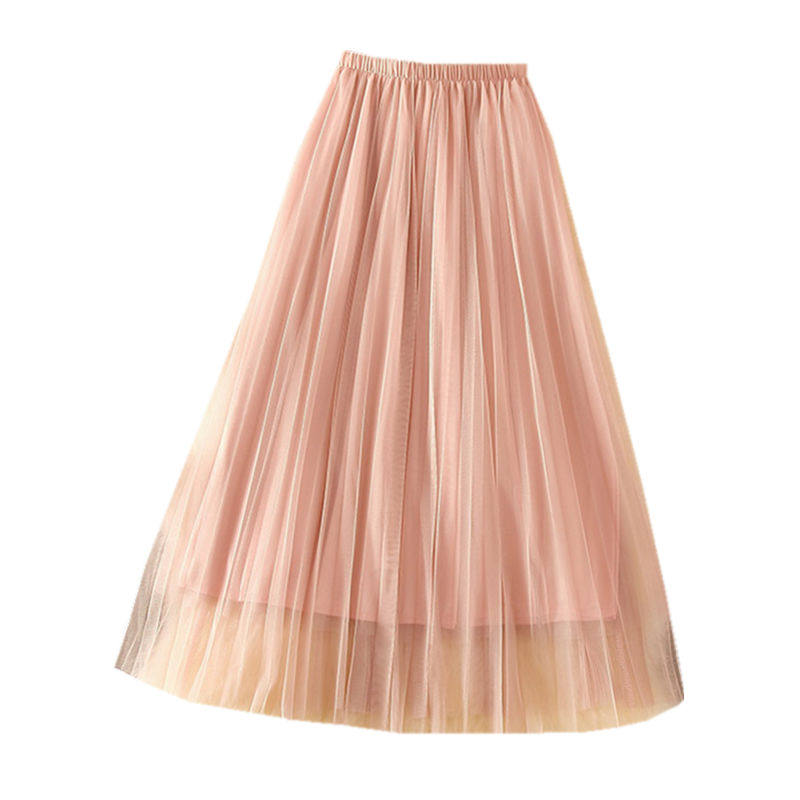 网纱半身裙女春夏高腰显瘦a字长裙蓬蓬裙仙女百褶裙子中长款纱裙