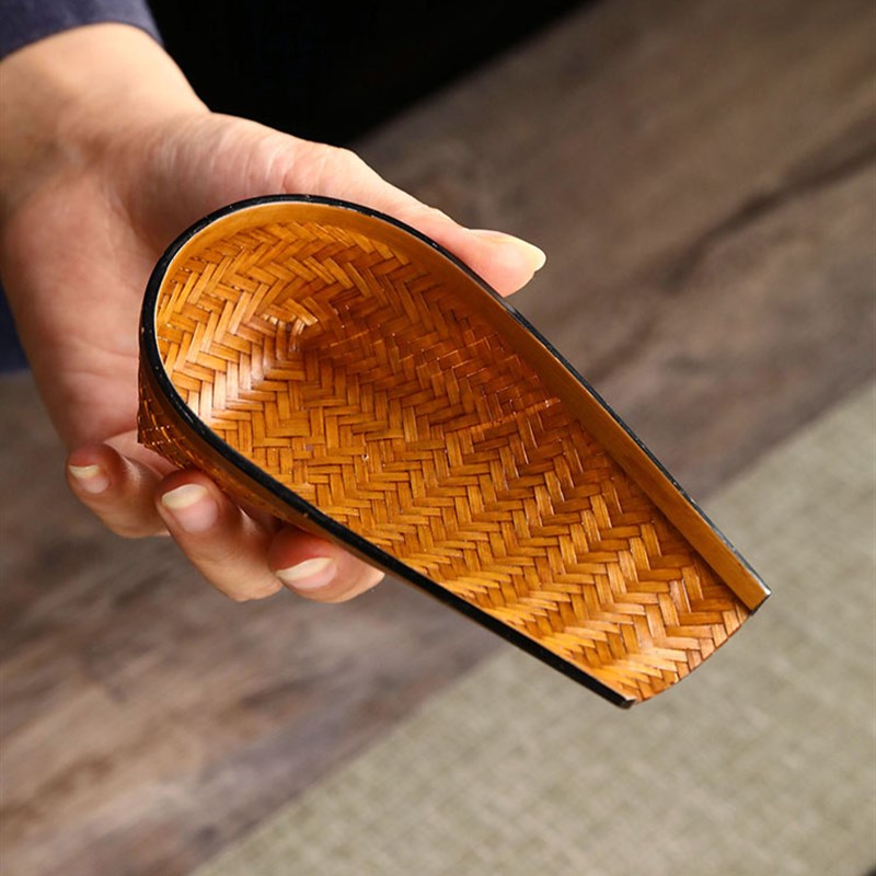 竹编大漆茶则复古茶则老篾匠编织精品手工茶荷簸箕功夫茶道零配件