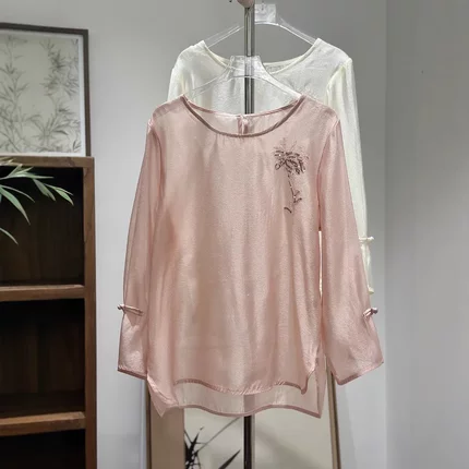白色高级感珠光天丝长袖衬衫女夏网纱薄款圆领新中式盘口刺绣罩