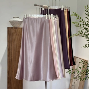 基础百搭加绒缎面醋酸丝滑半身裙女秋冬款松紧腰高腰休闲气质长裙