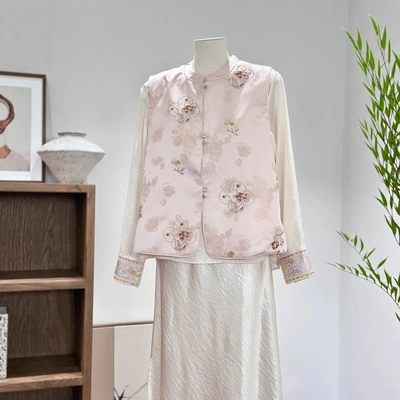 粉色新中式刺绣提花马甲女秋季新款国风气质清新减龄无袖坎肩外套