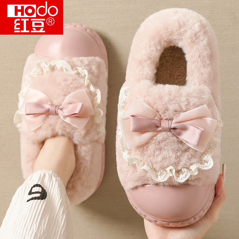 红豆蝴蝶结棉拖鞋女士冬季外穿
