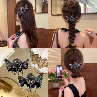 韩版轻奢闪钻蝴蝶流苏发夹超仙绝美前额刘海侧边夹子精灵耳一字夹