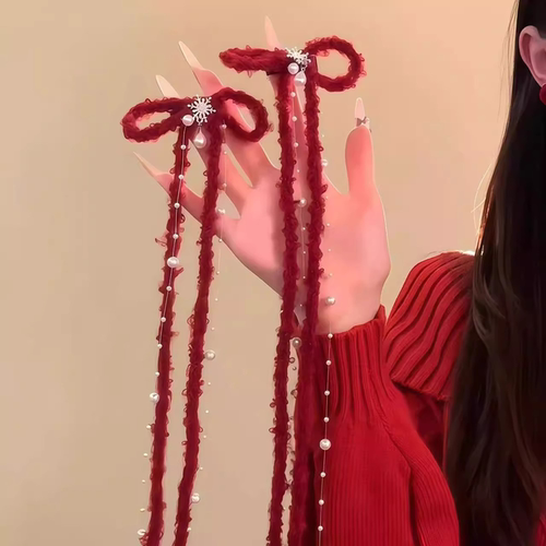 红色毛绒雪花蝴蝶结发夹
