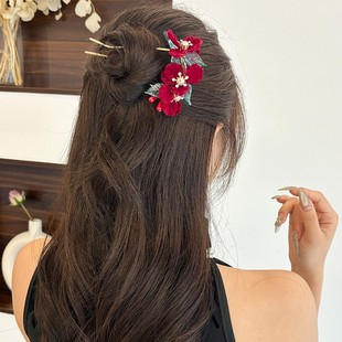 新中式头花红色插梳发夹女新娘订婚敬酒服晚礼u型发簪子发卡头饰