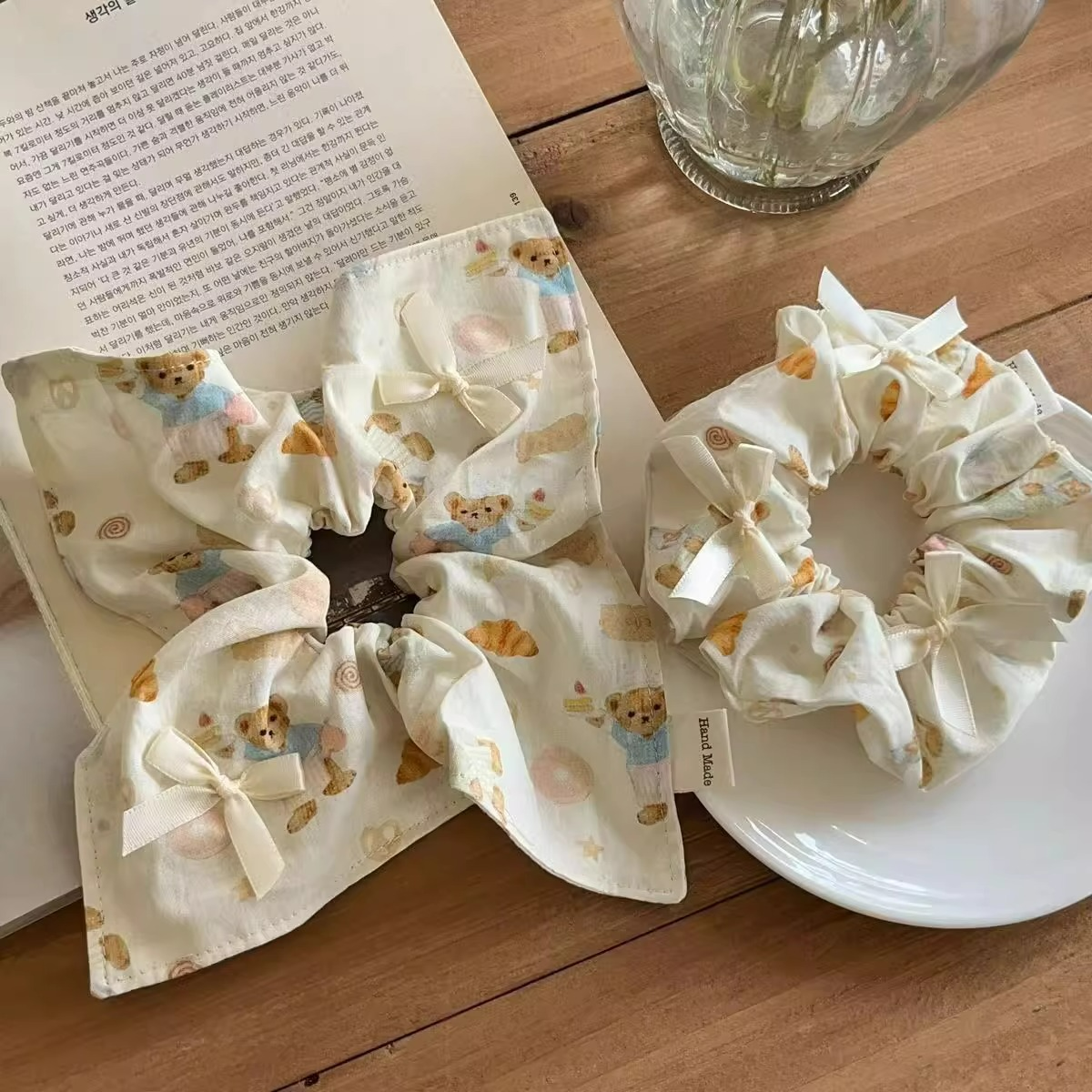 可爱曲奇小熊蝴蝶结方形发圈大肠圈少女心头绳皮筋手作发饰头饰品