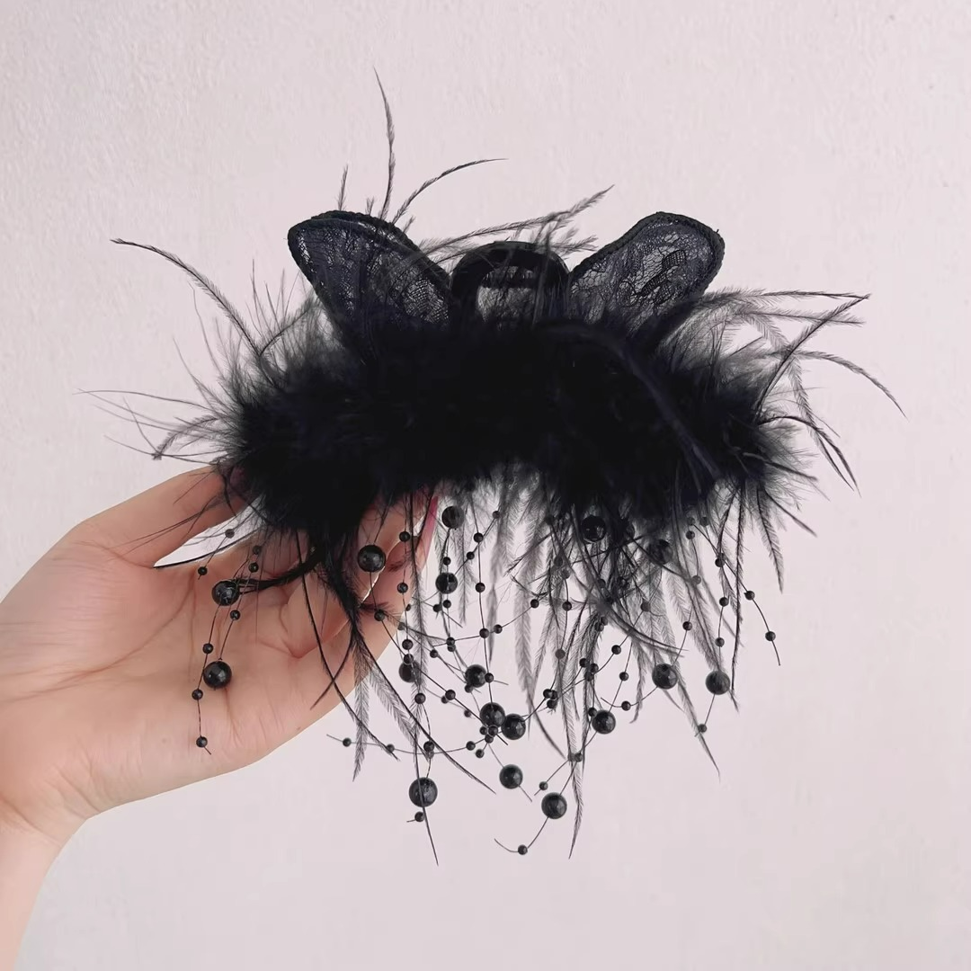 高级感兔耳羽毛流苏抓夹女显发量大号鲨鱼夹2025新款超仙发夹头饰