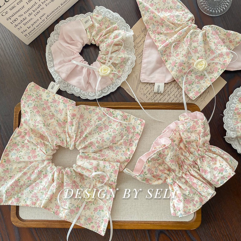 大肠发圈粉黛玫瑰樱花夏日蝴蝶结小清新碎花双拼优雅百搭发饰女饰