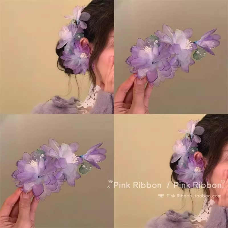 新中式紫色花朵鸭嘴夹拍照发饰