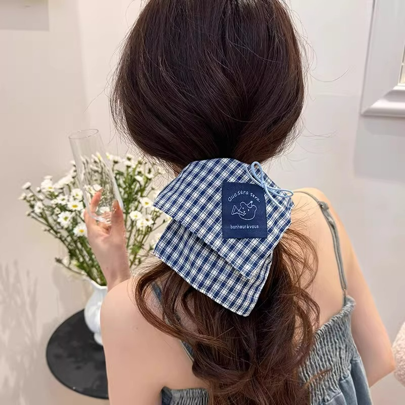 韩国个性网红baby蓝撞色格纹肥肠圈方形蝴蝶结小布标设计感头饰女,饰品/流行首饰/时尚饰品新,发饰,淘宝优惠券,粉丝福利购,淘宝优惠卷