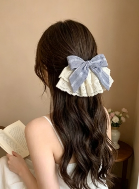 温柔蓝色蝴蝶结蕾丝裙摆发夹女高级感后脑勺弹簧夹子头饰马尾发卡