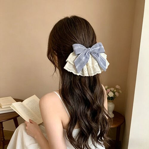 温柔蓝色蝴蝶结蕾丝高级感发夹
