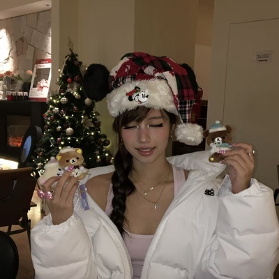 冬季圣诞米奇毛绒格子可爱女帽