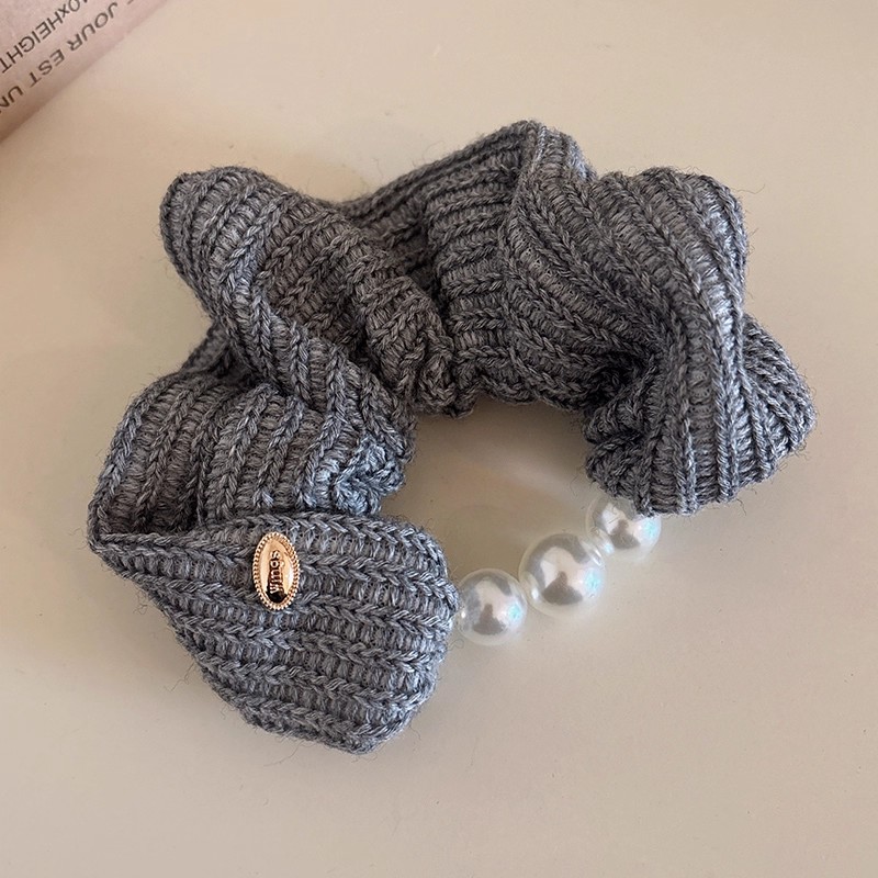 高级感灰色毛线针织珍珠发圈