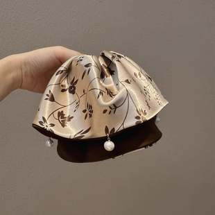 新中式珍珠缎面马尾抓夹女高颅顶后脑勺气质发夹半扎发轻奢头饰