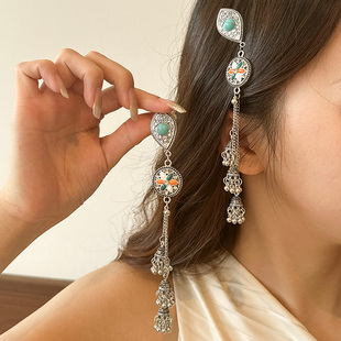 新中式绿松石铃铛流苏发夹女国风复古侧边夹高级感蒙古发饰头饰