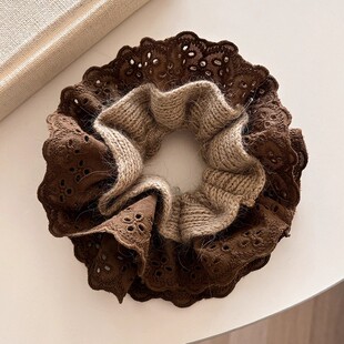 秋冬慵懒风蕾丝毛线针织大肠发圈女高级感复古小众丸子头发绳头饰