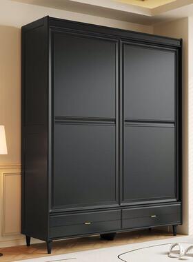 复古黑色实木衣柜现代简约实木家用卧室推拉门小户型两门成品衣柜