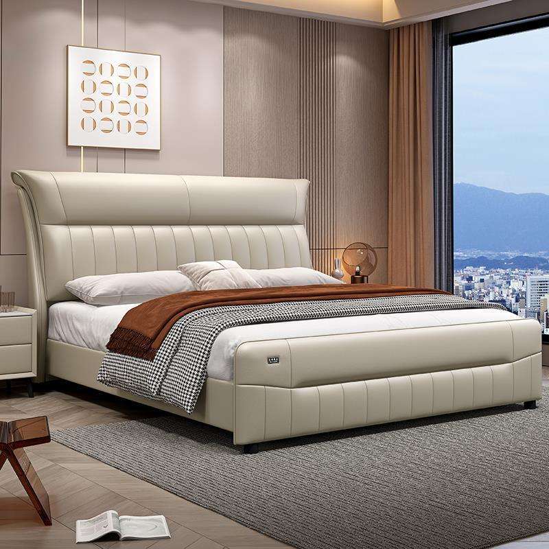 2023新款现代简约真皮床主卧婚床时尚舒适1.8米双人大床实木皮床