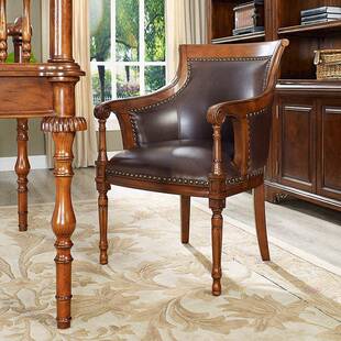 美式实木书椅办公椅电脑椅欧式休闲椅真皮围椅复古餐椅扶手书椅